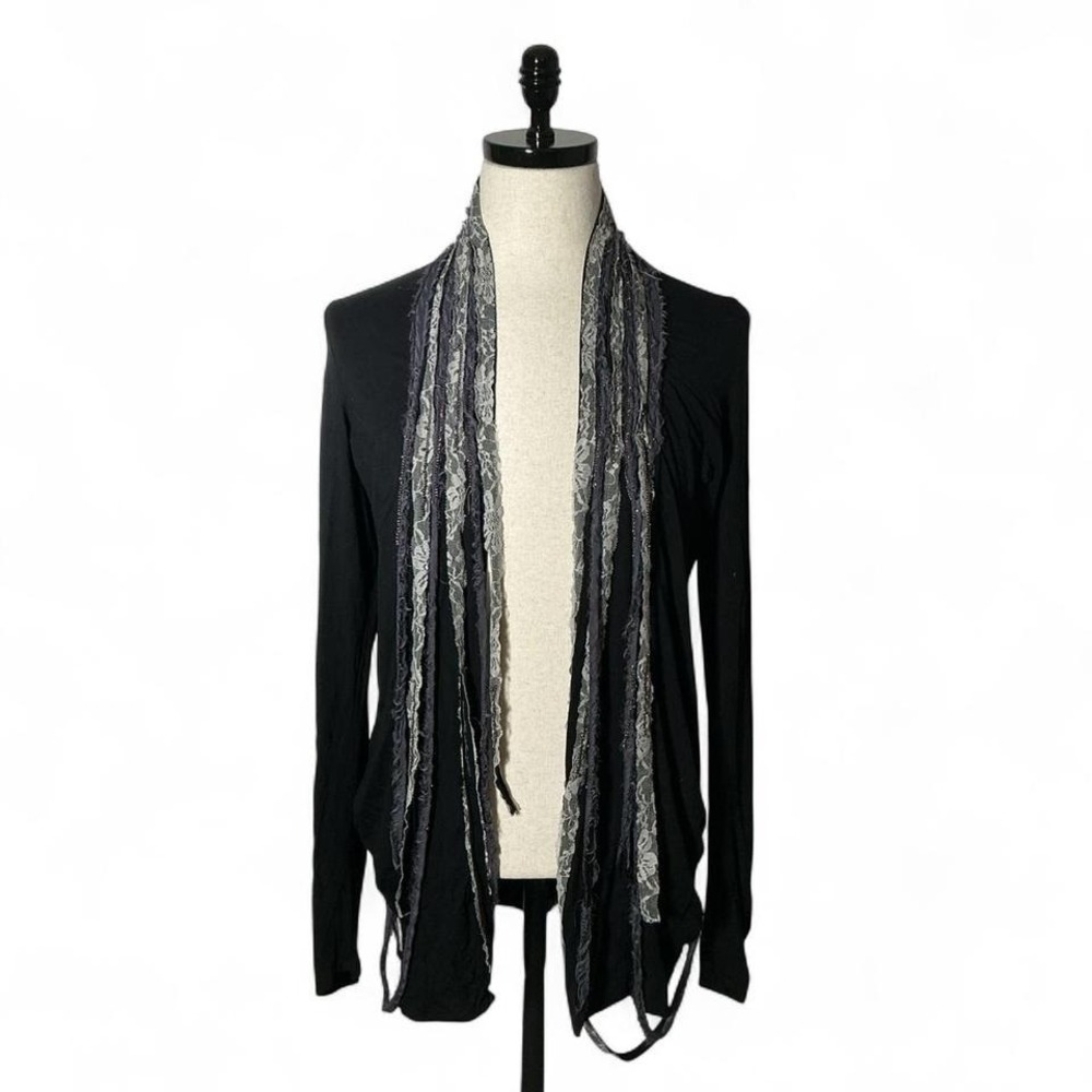 BKE  Black Lace‎ Trim Open Front Cardigan Steampunk Mixed Media Distressed L